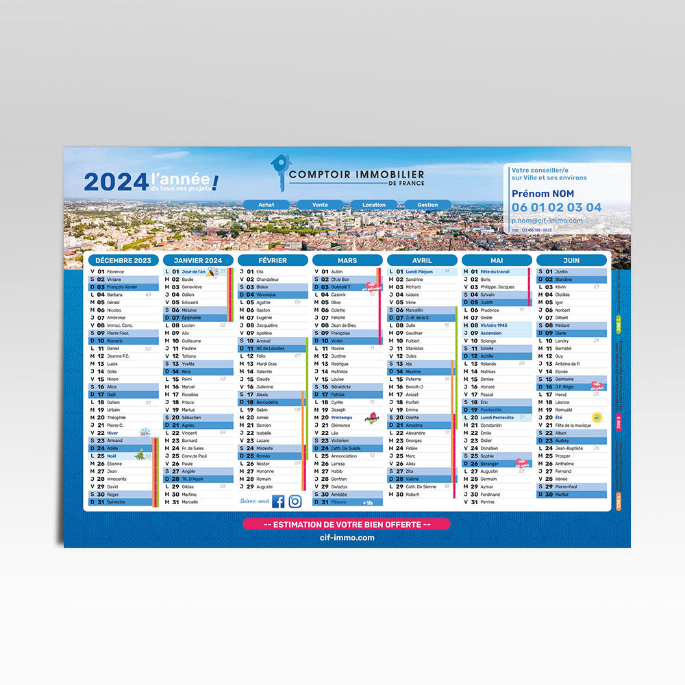 TOBJA Calendrier tableau 2024 A4 « coloré » – Calendrier 2024 avec